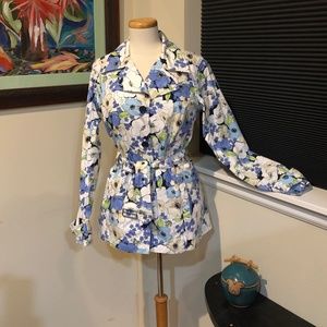 Eddie Bauer Women's Spring Trench Coat Blue White Floral Button Front Sz S